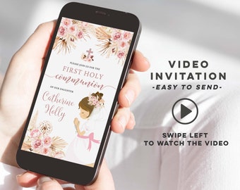 Boho girl first holy communion animated invitation, boho pink christening video invitation, boho girl floral holy communion e-invite W36