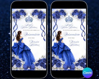 Spanish Quinceañera Royal Blue 15 Años Princess Animated Video Invitation, Mexican Mis Quince Royal Blue Floral Bow Coquette Sweet 16th S530