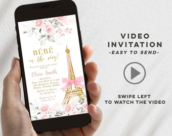 Blush pink floral paris baby shower animated invitation, pink and gold baby shower video invitation, bébé on the way french baby shower B6