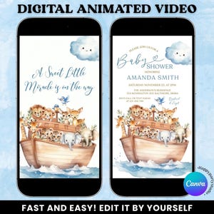 Könnte beinhalten: Digitale animierte Babyparty-Einladung auf einem Smartphone-Bildschirm. Das Design zeigt eine Aquarellillustration der Arche Noah mit verschiedenen Tieren. Der Text enthält "A Sweet Little Miracle is on the way" und Babyparty-Details.