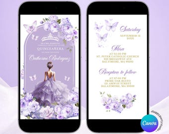 Purple Girl sweet 16 party animated invitation, Royal Silver princess quinceañera e-invite, Mis Quince Lavender Floral butterfly 15 años, Q5