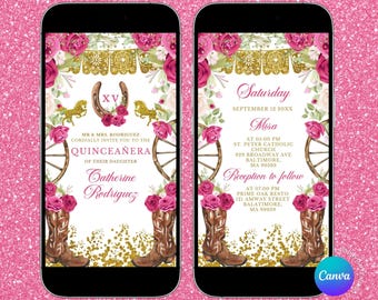 Western Pink Fuschia & Gold Quinceañera Animated Video Invitation, Floral western boots Quinceañera mexican invite, Gold horse charra, Z112