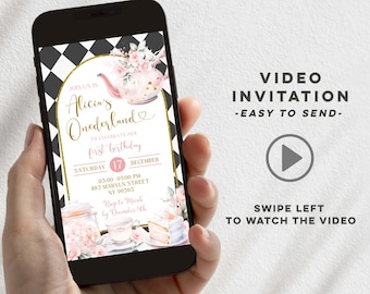 Pink floral onederland 1st birthday video invitation, onederland mad tea birthday tea, alice in onederland tea first birthday e-invite B6