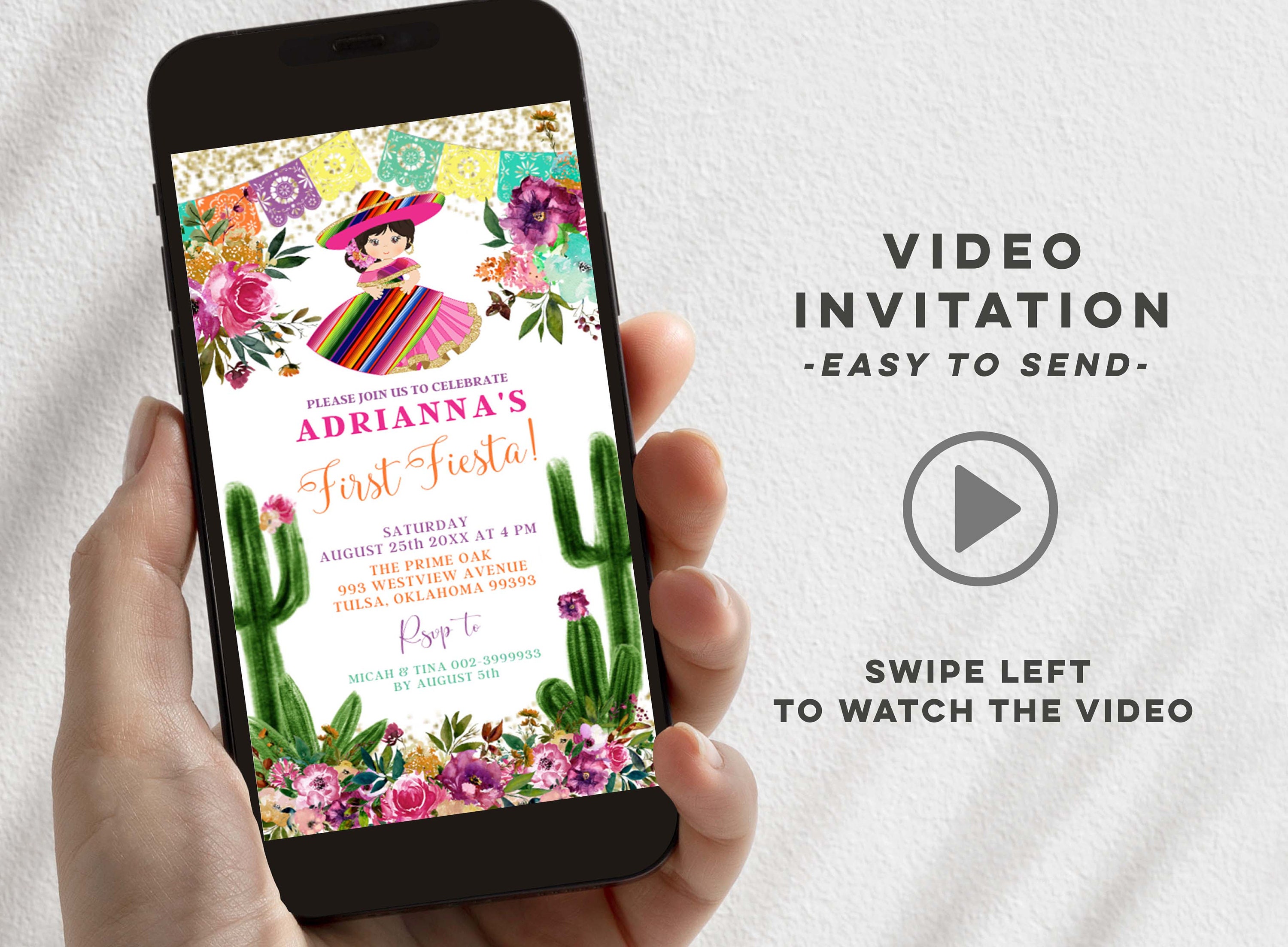 Mexican colorful floral senorita first birthday animated invitation, mexican girl birthday first video invitation, colorful 1st fiesta Z153