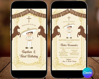 Brown Baptism animated Invitation for Boy, Charro Spanish Boy Bautizo & 3rd Birthday, White Floral Brown Frame Christening e-invite, S227