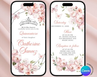 Elegant Blush pink butterfly sweet 16th animated invitation, pink silver floral quinceañera e-invite, minimalist pretty pink mis quince, Q31
