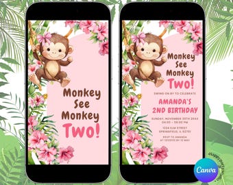 Pink Floral Monkey See Monkey Two Girl 2nd Birthday Animated Video Invitation, Brown Monkey Jungle Animal Theme Second Birthday Party, BR1