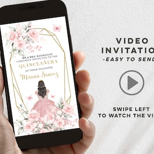 Blush pink floral princess quinceañera animated invitation, modern pink gold mis quince video invitation, geometric butterfly 15 años Q9