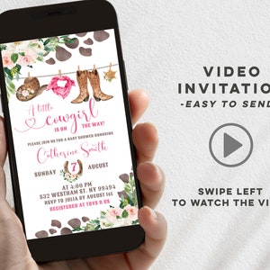 Little cowgirl baby shower animated invitation, pink cowgirl is on the way baby shower video invitation, wild southwest floral e-invite E88