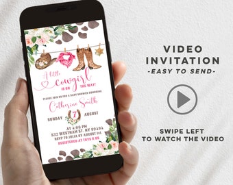 Little cowgirl baby shower animated invitation, pink cowgirl is on the way baby shower video invitation, wild southwest floral e-invite E88