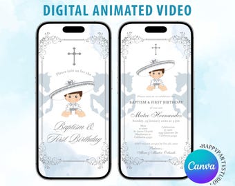 Blue Silver Mexican Charro Baptism and Birthday Digital Animated Invitation, boy mexican baptism & birthday canva editable z01