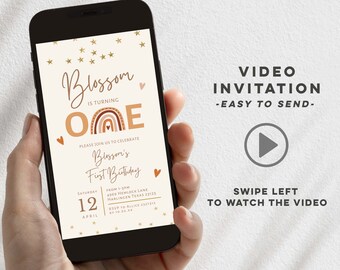 Boho Rainbow First Birthday Video Invitation, Bohemian first birthday invitation, rainbow first birthday e-invitation, Boho one birthday E39