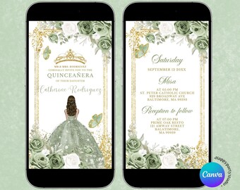 Sage Green & White girl sweet 16 party animated invitation, Royal princess quinceañera e-invite, Mis Quince floral butterfly 15 años, S385