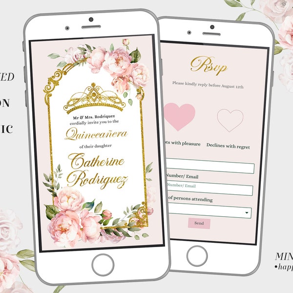 Digital royal pink sweet 16th website invitation, elegant gold pink quinceañera, pink blush floral mis quince mini website & online rsvp Q31