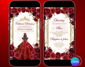 Burgundy Red Girl sweet 16 party quinceañera animated Floral invitation,  Gold Crown princess e-invite, Mis Quince butterfly 15 años, S380