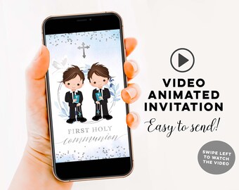 Navy blue silver twins boys holy communion animated invitation, modern siblings religious event, minimalist 1st communion video invite Z95