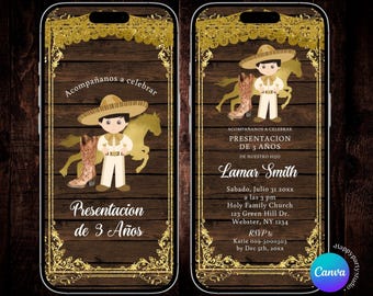 Rustic Presentacion de 3 Años video invitación niño, Gold Charro Tres años 3rd Birthday Party e-invite, Wood 3rd Birthday Mexican theme S280