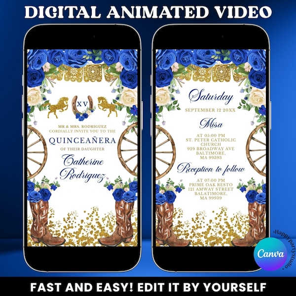 Western Royal Blue & Gold Quinceañera Animated Video Invitation, Floral western boots Quinceañera mexican invite, Gold horse charra, Z112