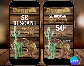 Editable Gold Spanish Western Cowboy Birthday Rustic Wood Animated video Invitation, Texas cactus & southwestern adult Mexican Birthday S518