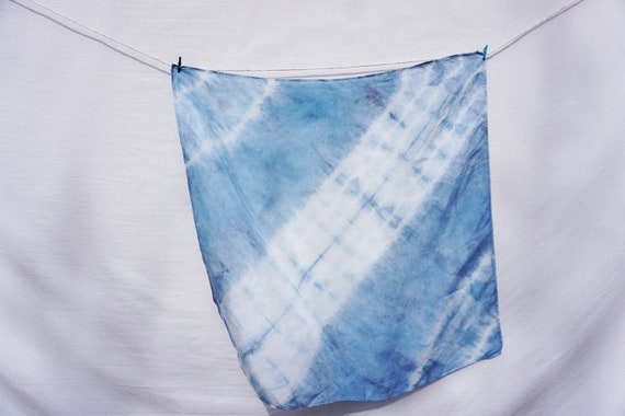 Silk Bandana S070 Blue Stripe 100% Silk Scarf Hand Dyed with Plants Silk Ascot Valentines Day Blindfold Silk Hair Scarf