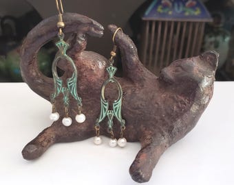 Art Nouveau Verdigris Chandelier Freshwater Pearl Drop Assemblage Handmade Earrings Angelscalling