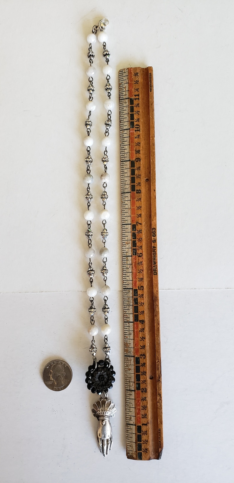 Victorian Hand Pendant Necklace Antique Black Glass Button Silverate