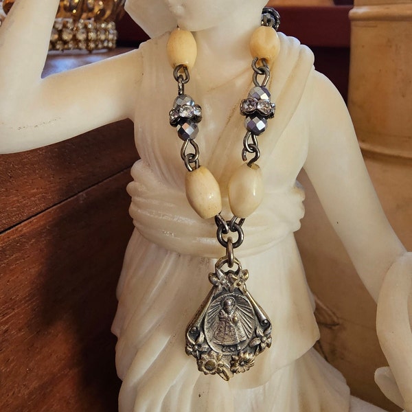 Vintage Religious Medal Miraculous Infant of Prague Artisan Made Unique One of a Kind Bracelet Carved Bone Hematite Angelscalling