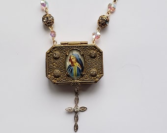 Mother Mary Blessed Virgin Rosary Box Assemblage Necklace Vintage Rosary Box, Our Lady Rosary Holder, Blessed Virgin Mary Holy Catholic Gift