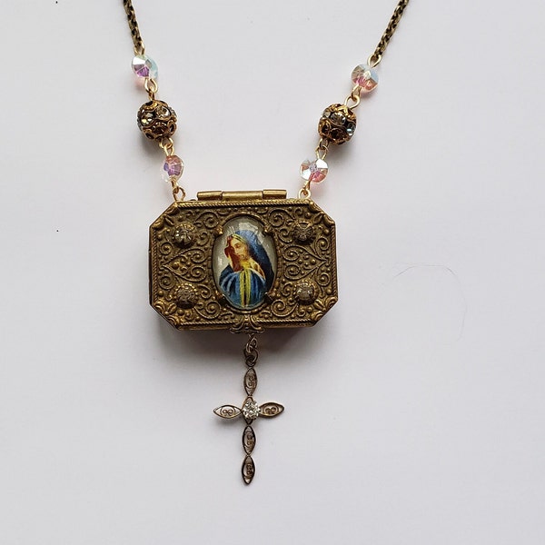 Mother Mary Blessed Virgin Rosary Box Assemblage Necklace Vintage Rosary Box, Our Lady Rosary Holder, Blessed Virgin Mary Holy Catholic Gift