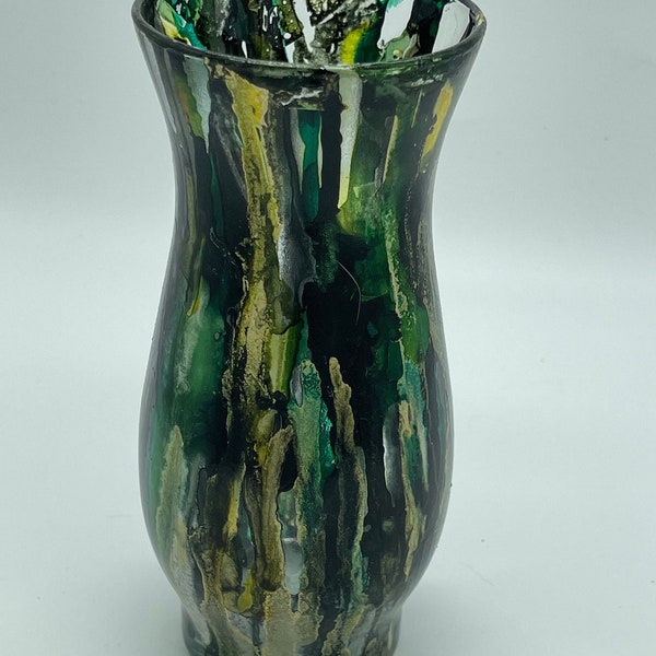 Green, yellow & black alcohol ink vase