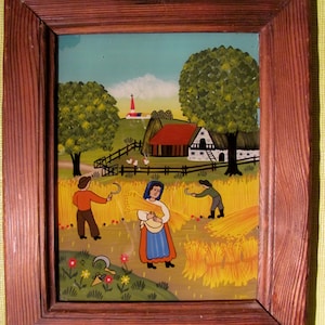 Framed Reverse Glass Painting Naivette style The Four Seasons - Summer Folk Art Country Scene Hand painted