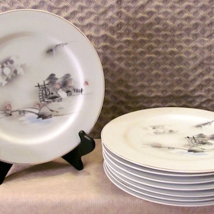 PLATES Dinner MEIJYO Kutani 8pcs 10 1/8&quot; Japan Hand Painted 1950
