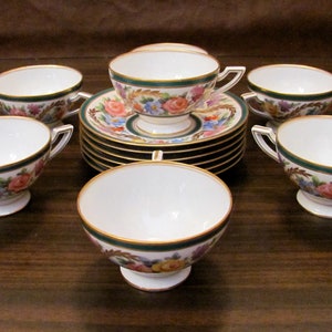 Cups Saucers 13pcs ROUEN France for R Briggs & Co Boston Hand Painted Antique 1900&#39;s