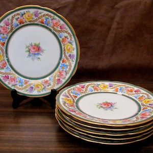 Plates Salad 6pcs ROUEN France R Briggs & Co Boston Scallop Hand Painted Antique 1900&#39;s