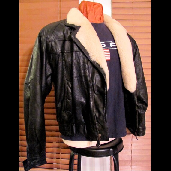 Genuine Leather Shearling Collar BOMBER JACKET Me… - image 3