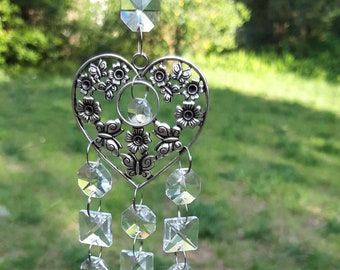 One of a Kind Flowery Heart Crystal Prism Suncatcher