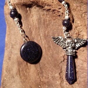 Blue Goldstone Pendulum - Skull & Angel Wings