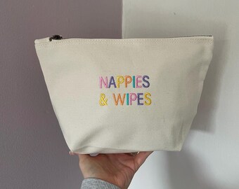 Nappies & wipes zip up embroidered bag. *Personalised option available*
