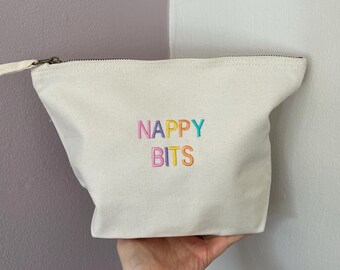 Nappy bits zip up embroidered bag. *Personalised option available*