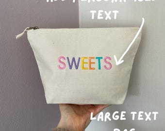 Large text!!! Personalised text zip up embroidered bag. *more sizes and colours available*