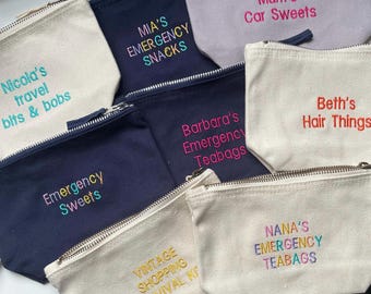 Personalised zip up embroidered bag.