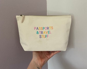 Passports & travel stuff zip up embroidered bag. *Personalised option available*