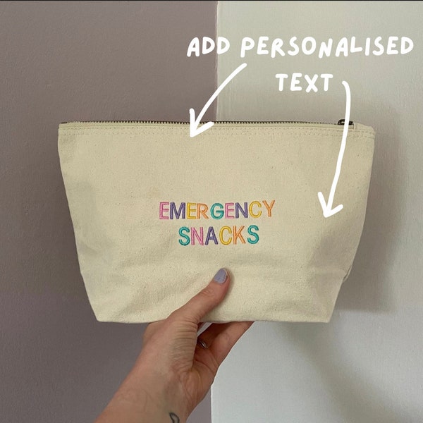 Personalised text zip up embroidered bag.