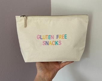 Gluten free snacks zip up embroidered bag. *Personalised option available*