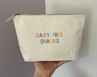 Dairy free snacks zip up embroidered bag. *Personalised option available*