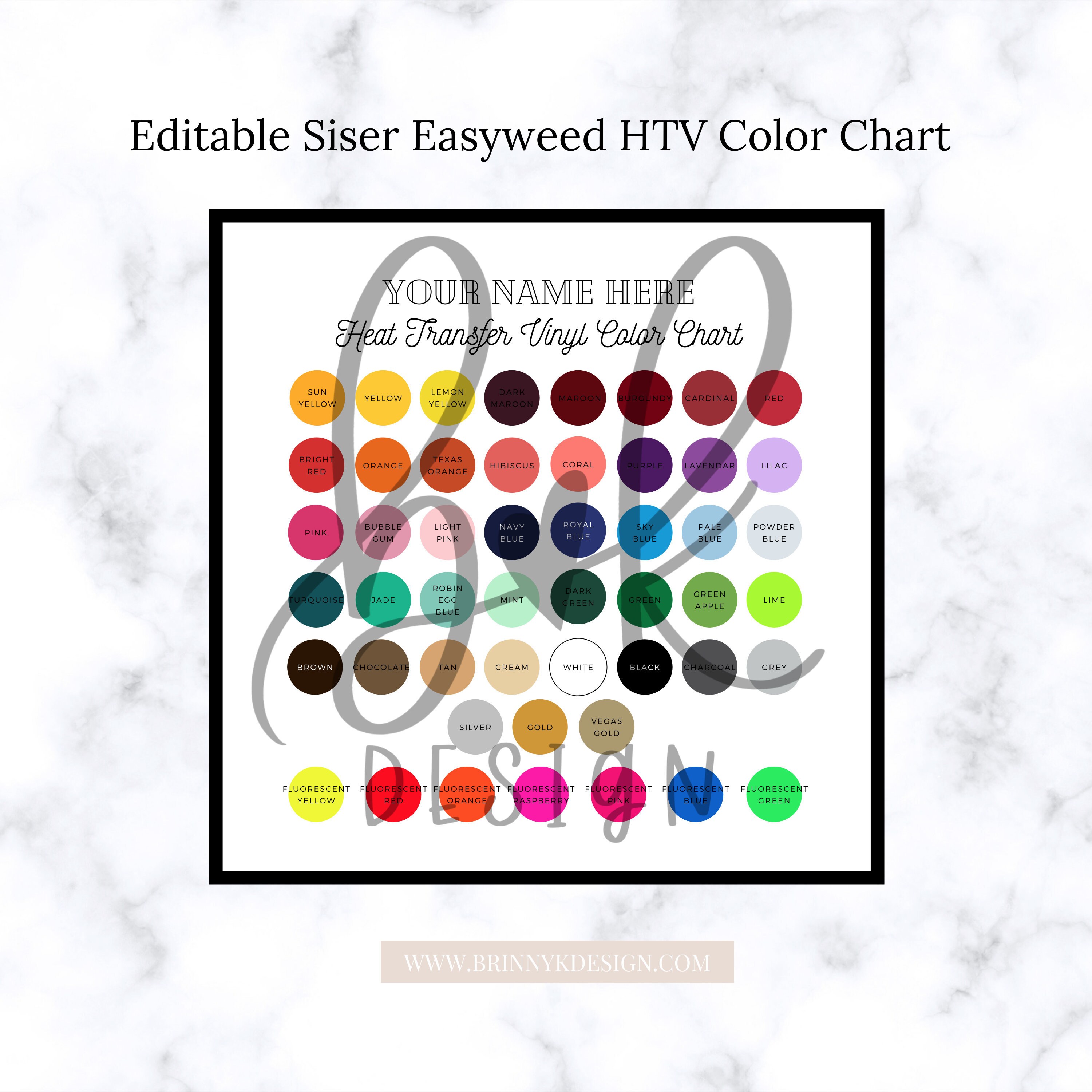 Editable Siser Easyweed HTV Color Chart for Cricut and | Etsy