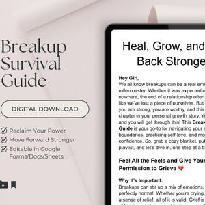 Puede incluir: Una guía de descarga digital para sanar después de una ruptura. La guía se titula "Breakup Survival Guide" e incluye consejos para reclamar tu poder, avanzar más fuerte y navegar por tus emociones. La guía es editable en Google Forms, Docs y Sheets.