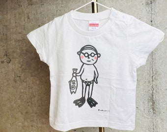 Uncle Glasses' Fish T-Shirt [Kids 90cm * White] Standard T-shirt 100% Cotton