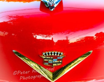 Red Cadillac Hood Photo, Chrome Flying Goddess & Emblem, Vintage Automotive Fine Art Print, 1950 Classic Car Lover