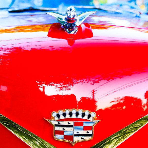 Cadillac Emblem, Vintage Cadillac, Red Cadillac Flying Goddess, Chrome Hood Ornament, Vintage Automotive, Classic Car Lover Gift